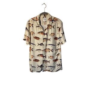 Denim & flower, men’s fish, print short sleeve button up shirt, medium